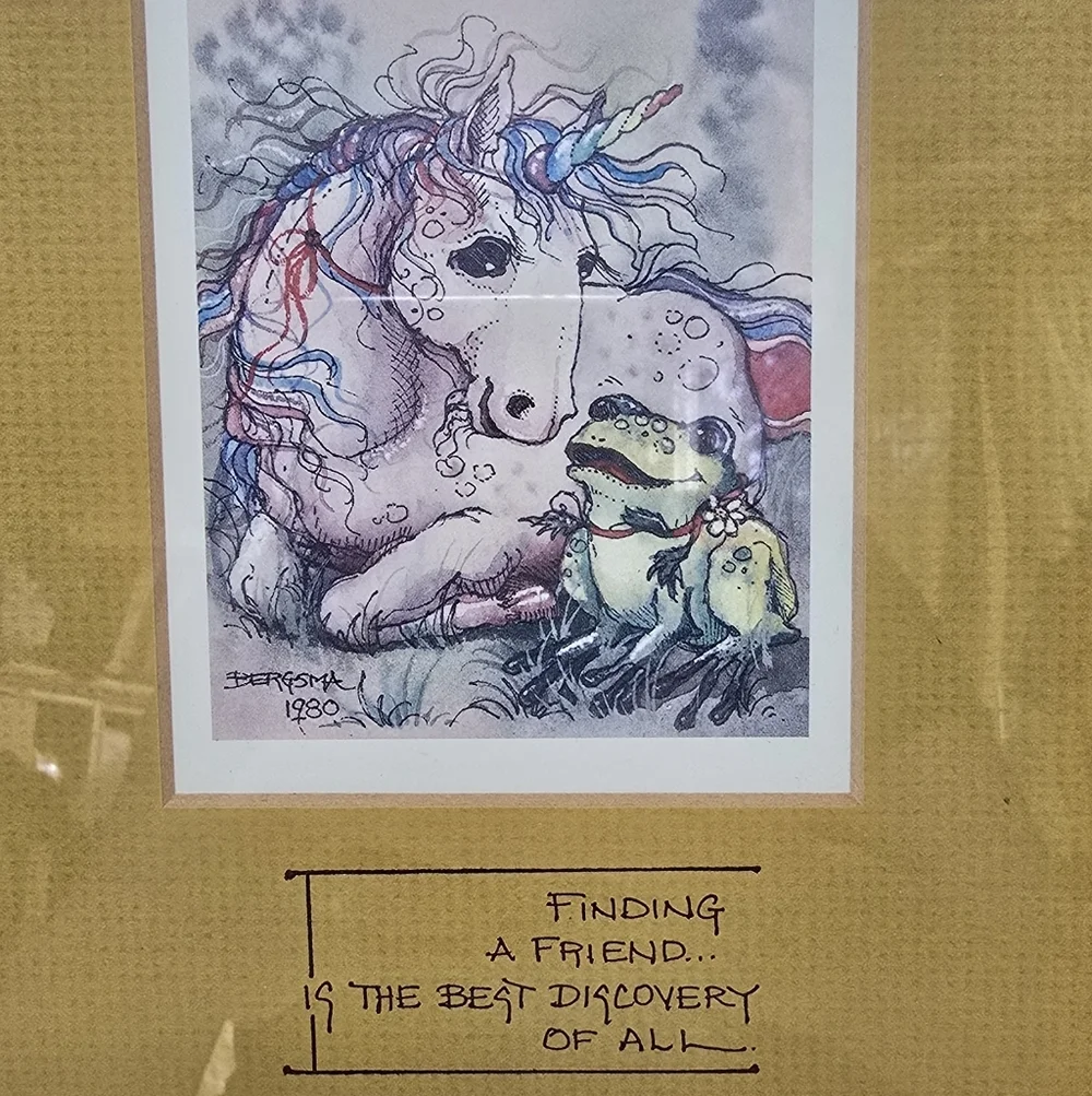 Vintage 1980 Jody Bergsma unicorn wood framed art print signed wall decor horse.